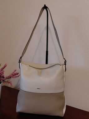 Furla Color Block Shoulder Bag in Pebbled Leather Cream, Tan & White